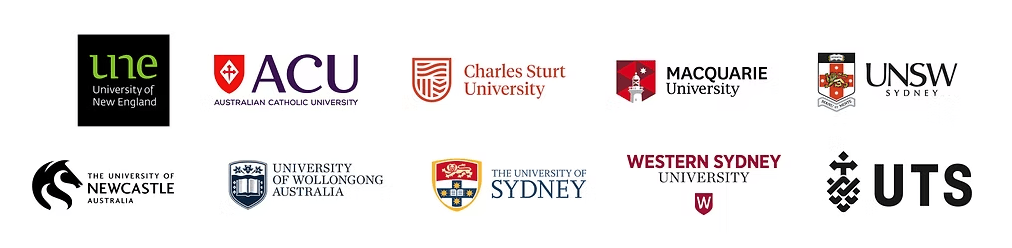 University partner logos including University of New England, ACU, Charles Sturt University, Macquarie University, UNSW Sydney, University of Newcastle, University of Wollongong, University of Sydney, Western Sydney University and UTS.